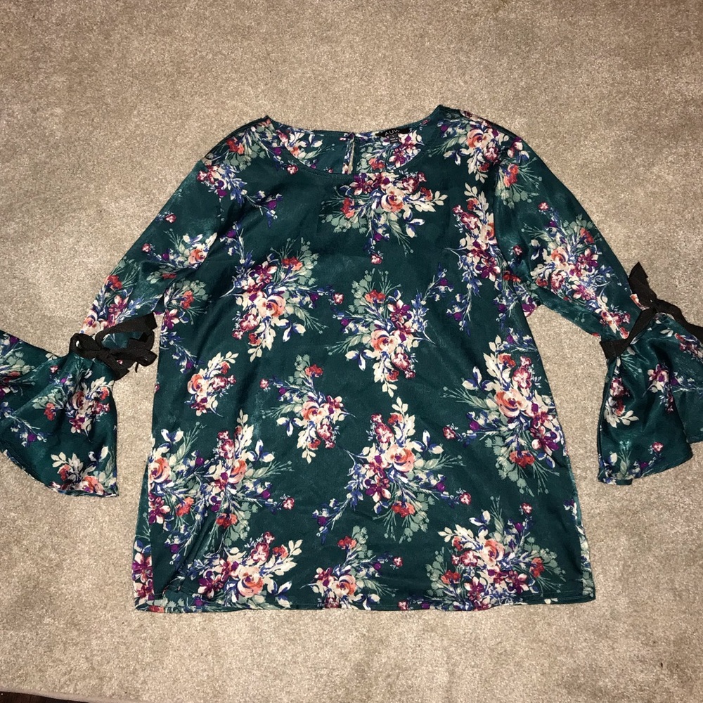 Dark green floral blouse with bell sleeve